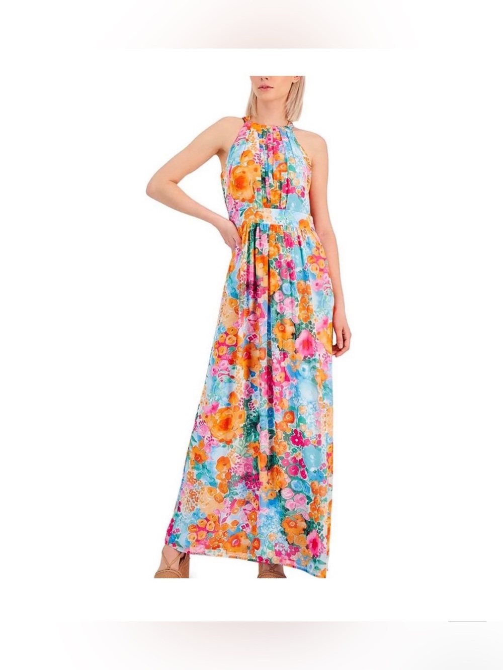 INC International Concepts Turquoise Multi Floral Halter Maxi Dress